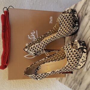 Christian louboutin fetish peep lace black and white stilettos heels